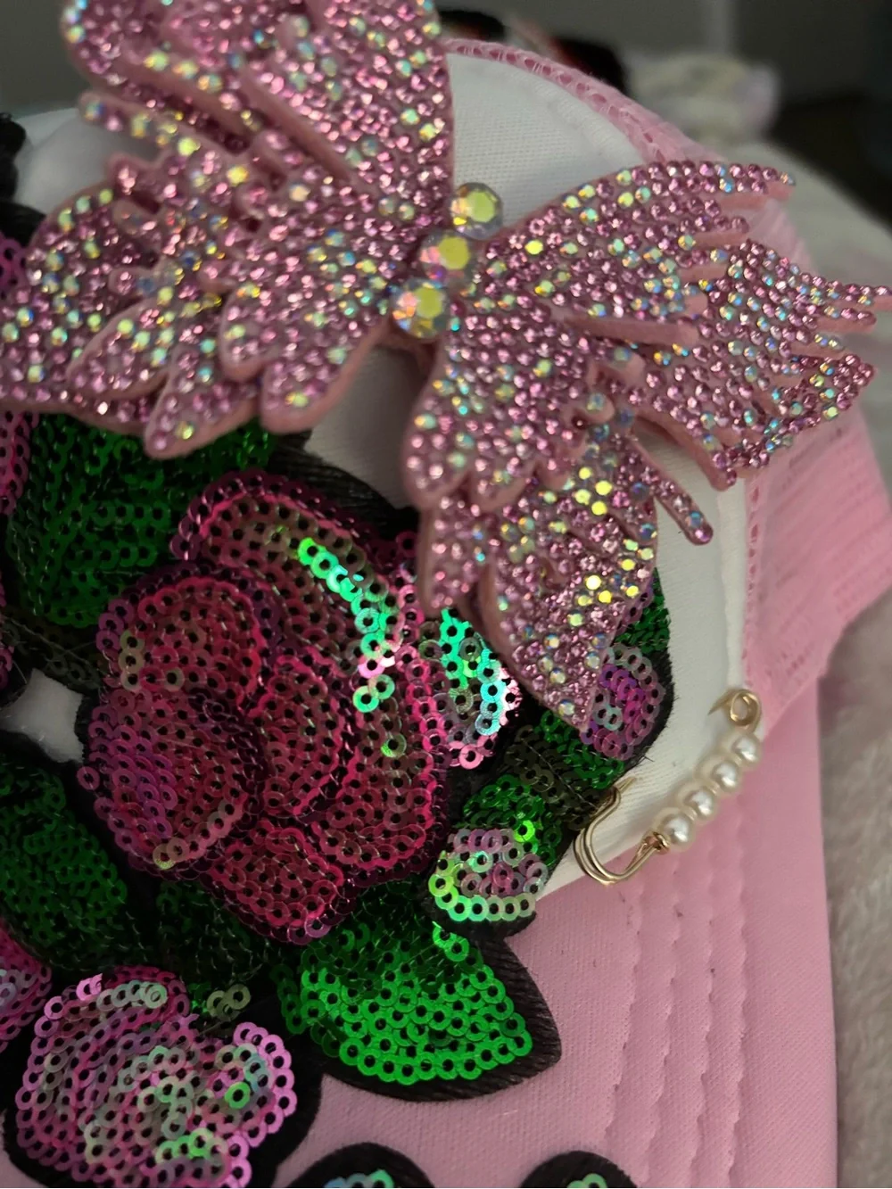 Pink Sequin Floral Cap with Rhinestone Butterflies